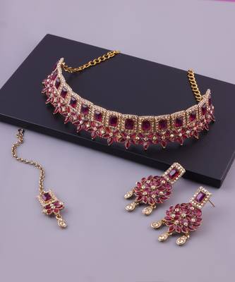 Purple yellow gold premium designer american diamond and stone work necklace set 2