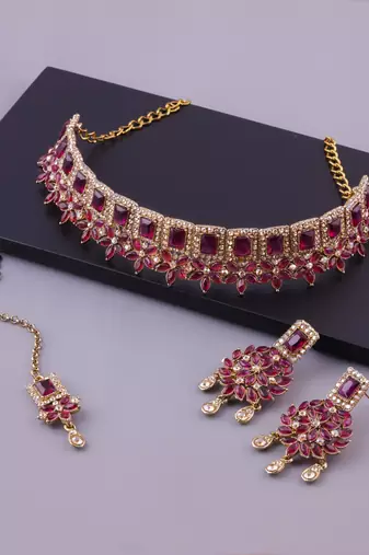 Purple yellow gold premium designer american diamond and stone work necklace set