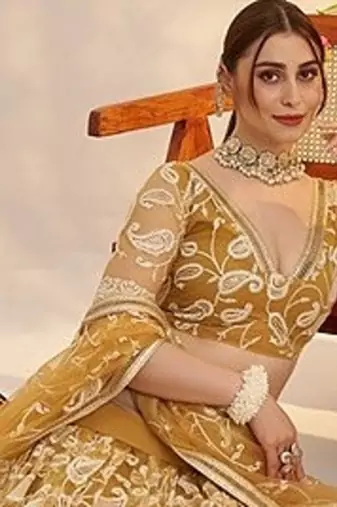 Yellow Net Embroidered & Thread Work Semi Stitched Lehenga Choli