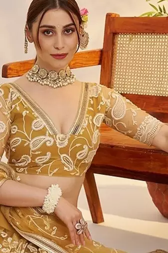 Yellow Net Embroidered & Thread Work Semi Stitched Lehenga Choli