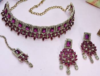 Purple yellow gold premium designer american diamond and stone work necklace set 3