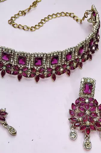 Purple yellow gold premium designer american diamond and stone work necklace set