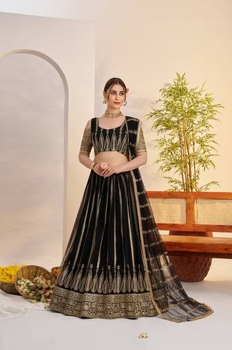 Black Net Embroidered & Zari Work Semi Stitched Lehenga Choli