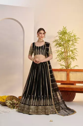 Black Net Embroidered & Zari Work Semi Stitched Lehenga Choli