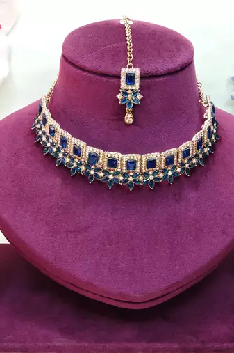 Blue yellow gold premium designer american diamond and stone work necklace set