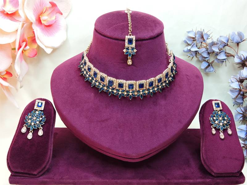 Blue yellow gold premium designer american diamond and stone work necklace set