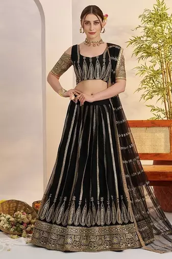 Black Net Embroidered & Zari Work Semi Stitched Lehenga Choli