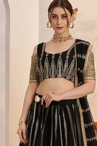 Black Net Embroidered & Zari Work Semi Stitched Lehenga Choli
