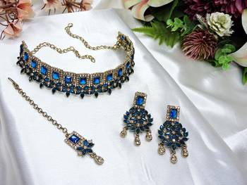 Blue yellow gold premium designer american diamond and stone work necklace set 2