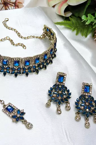 Blue yellow gold premium designer american diamond and stone work necklace set
