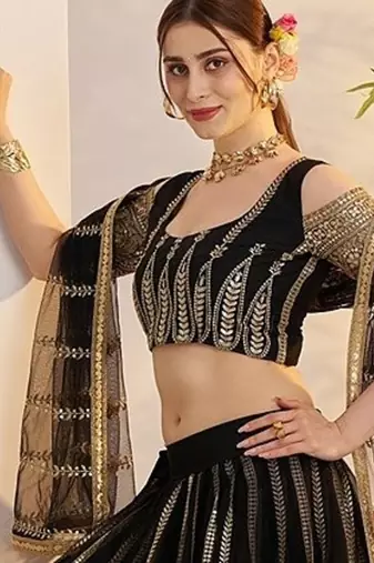 Black Net Embroidered & Zari Work Semi Stitched Lehenga Choli