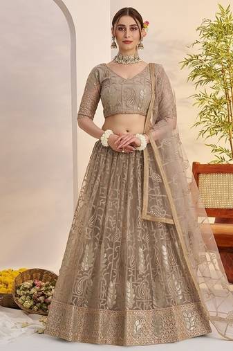 Grey Net Embroidered & Thread Work Semi Stitched Lehenga Choli