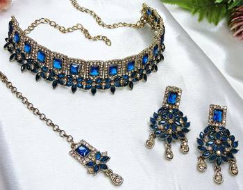 Blue yellow gold premium designer american diamond and stone work necklace set 3