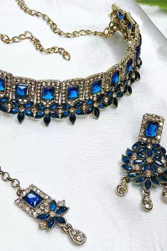 Blue yellow gold premium designer american diamond and stone work necklace set