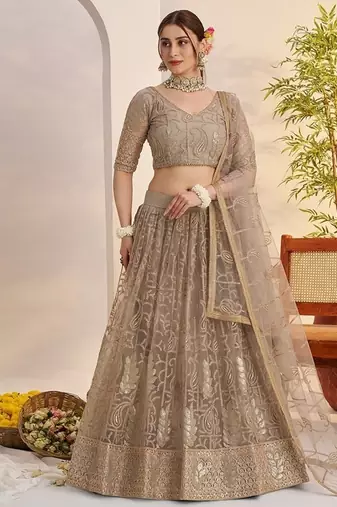 Grey Net Embroidered & Thread Work Semi Stitched Lehenga Choli