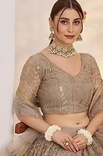 Grey Net Embroidered & Thread Work Semi Stitched Lehenga Choli