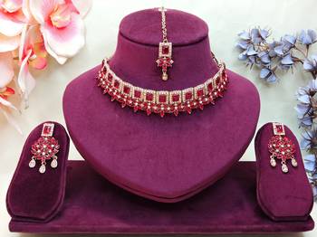 Pink yellow gold premium designer american diamond and stone work necklace set 1