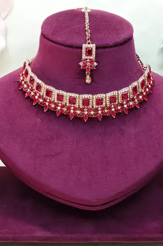 Pink yellow gold premium designer american diamond and stone work necklace set