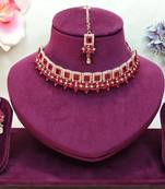 Pink yellow gold premium designer american diamond and stone work necklace set