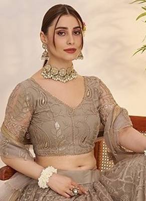 Grey Net Embroidered & Thread Work Semi Stitched Lehenga Choli 4