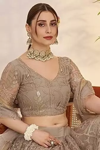 Grey Net Embroidered & Thread Work Semi Stitched Lehenga Choli