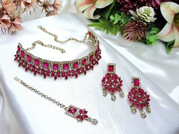 Pink yellow gold premium designer american diamond and stone work necklace set 2