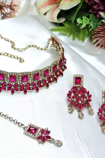 Pink yellow gold premium designer american diamond and stone work necklace set