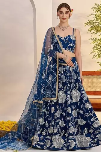 Blue Net Embroidered & Thread Work Semi Stitched Lehenga Choli