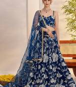 Blue Net Embroidered & Thread Work Semi Stitched Lehenga Choli