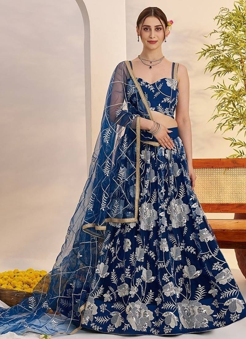 Blue Net Embroidered & Thread Work Semi Stitched Lehenga Choli