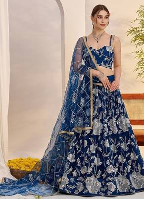 Blue Net Embroidered & Thread Work Semi Stitched Lehenga Choli 2
