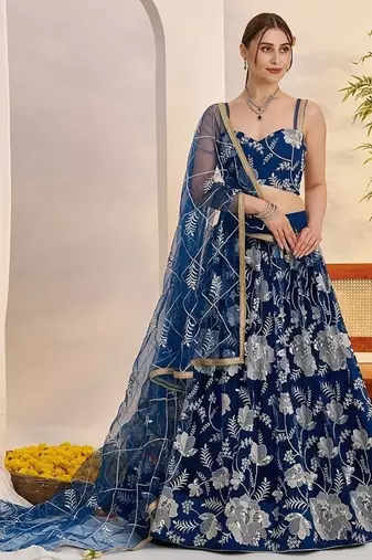 Blue Net Embroidered & Thread Work Semi Stitched Lehenga Choli