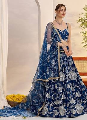 Blue Net Embroidered & Thread Work Semi Stitched Lehenga Choli 3