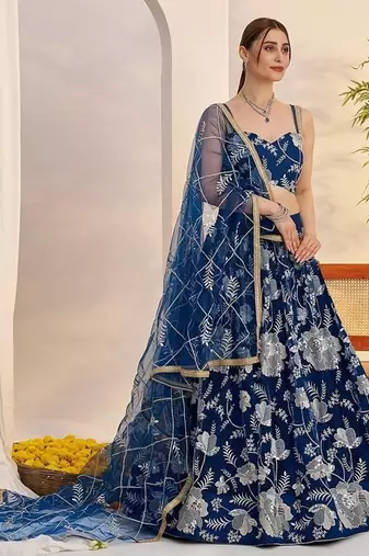 Blue Net Embroidered & Thread Work Semi Stitched Lehenga Choli