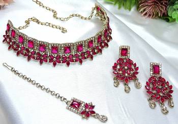 Pink yellow gold premium designer american diamond and stone work necklace set 3