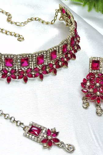 Pink yellow gold premium designer american diamond and stone work necklace set