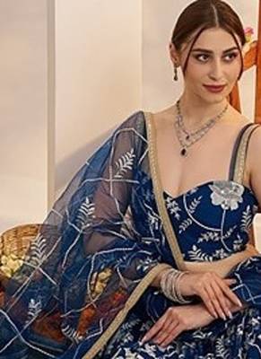 Blue Net Embroidered & Thread Work Semi Stitched Lehenga Choli 4