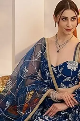 Blue Net Embroidered & Thread Work Semi Stitched Lehenga Choli