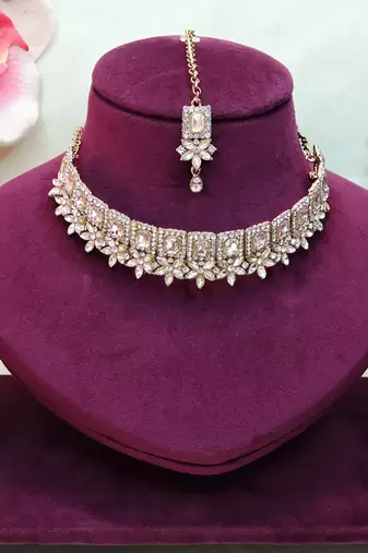 White yellow gold premium designer american diamond and stone work necklace set