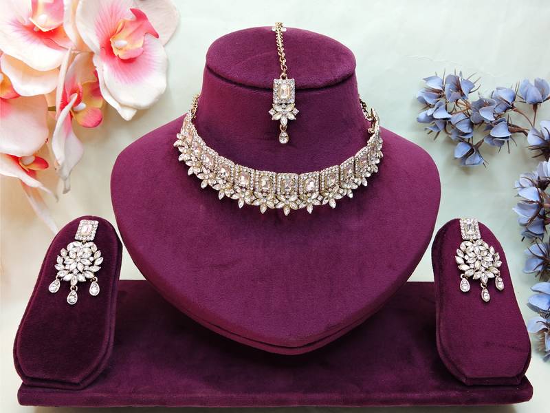 White yellow gold premium designer american diamond and stone work necklace set