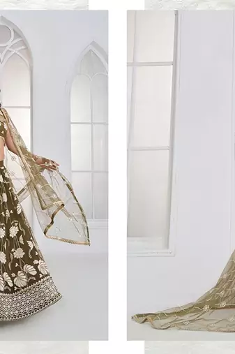 Green Net Embroidered & Thread Work Semi Stitched Lehenga Choli