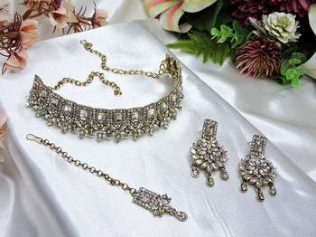 White yellow gold premium designer american diamond and stone work necklace set 2
