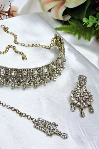 White yellow gold premium designer american diamond and stone work necklace set