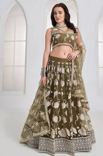 Green Net Embroidered & Thread Work Semi Stitched Lehenga Choli