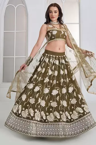 Green Net Embroidered & Thread Work Semi Stitched Lehenga Choli