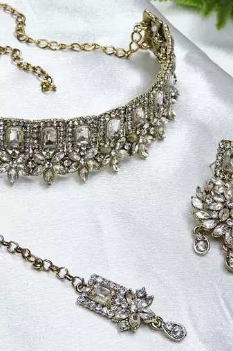 White yellow gold premium designer american diamond and stone work necklace set