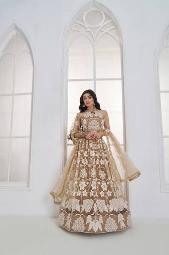 Beige Net Embroidered & Thread Work Semi Stitched Lehenga Choli