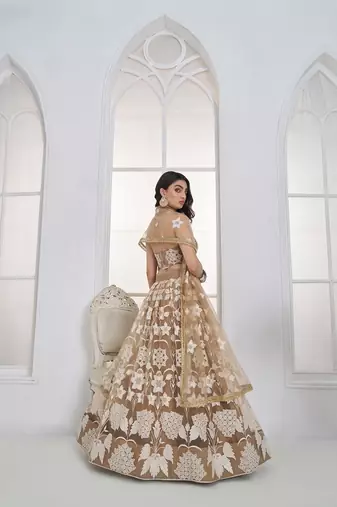 Beige Net Embroidered & Thread Work Semi Stitched Lehenga Choli