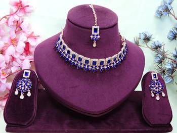 Blue rose gold premium designer american diamond and stone work necklace set 1