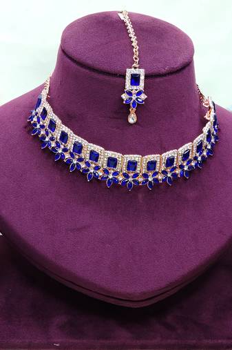 Blue rose gold premium designer american diamond and stone work necklace set
